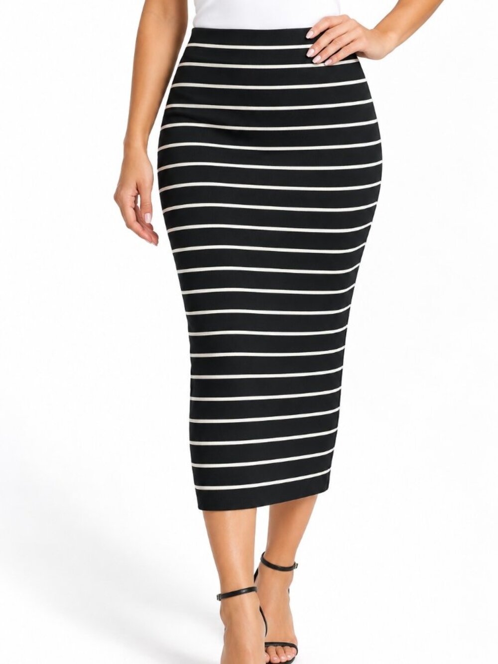 Good American Size 2 Black White Stripe Midi Pencil Skirt Bodycon Back Zip Slit